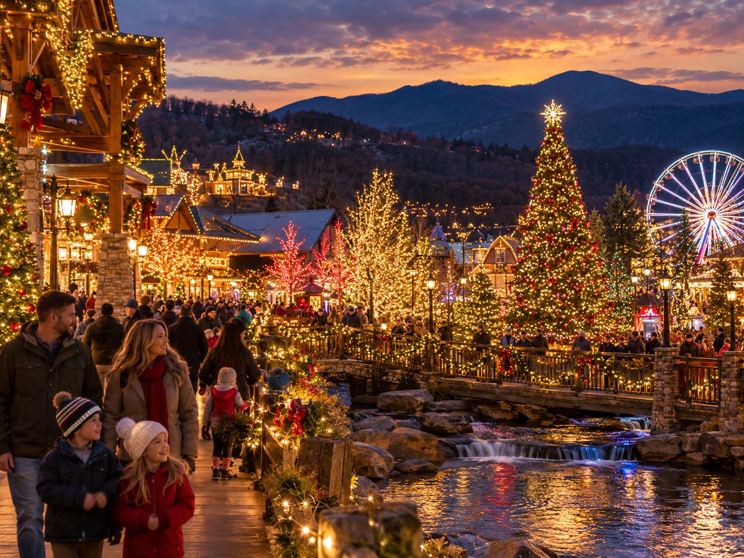 Christmas season photograph placed beside Dollywood and Pigeon Forge Winterfest planning information