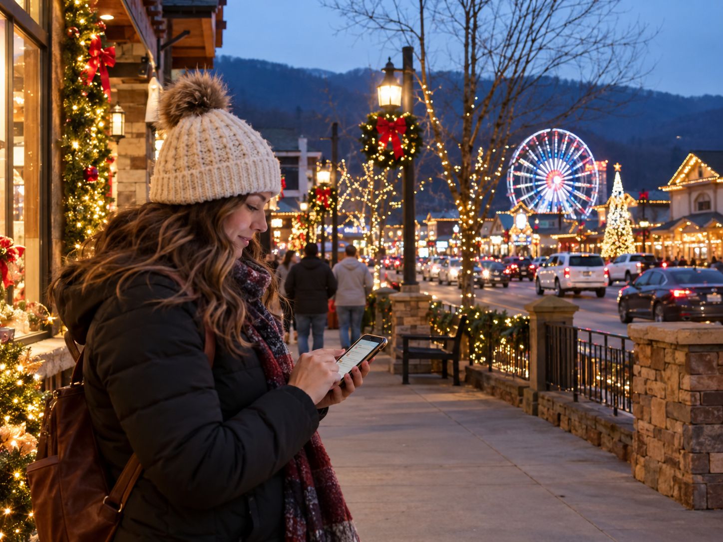 Pigeon Forge holiday season photograph accompanying information about Christmas and Thanksgiving opening hours